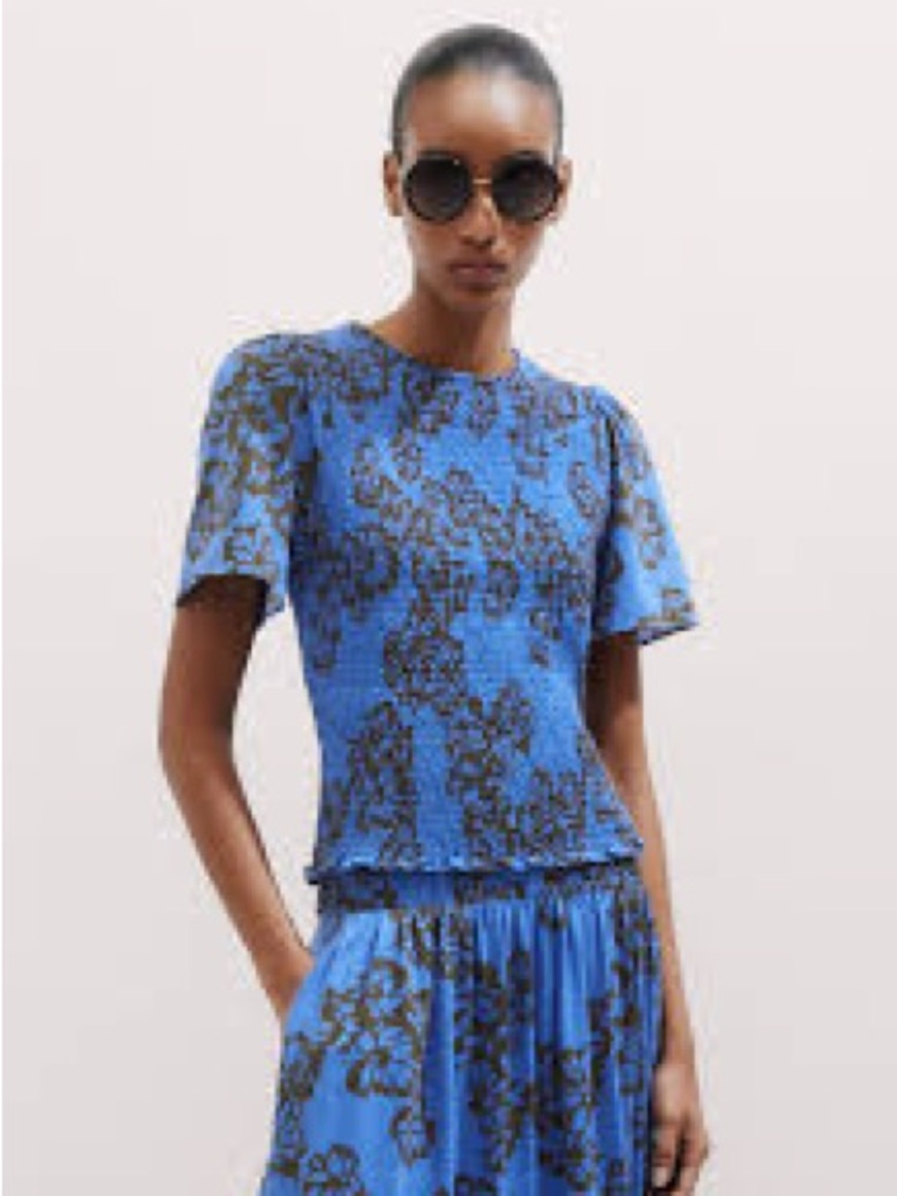 ME+EM Stencil Bloom Printed Smock Top Provence Blue Spring Chocolate US 6 NEW